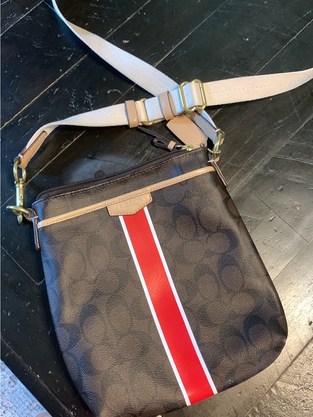 Coach Brown Signature Crossbody with Red and White Stripe